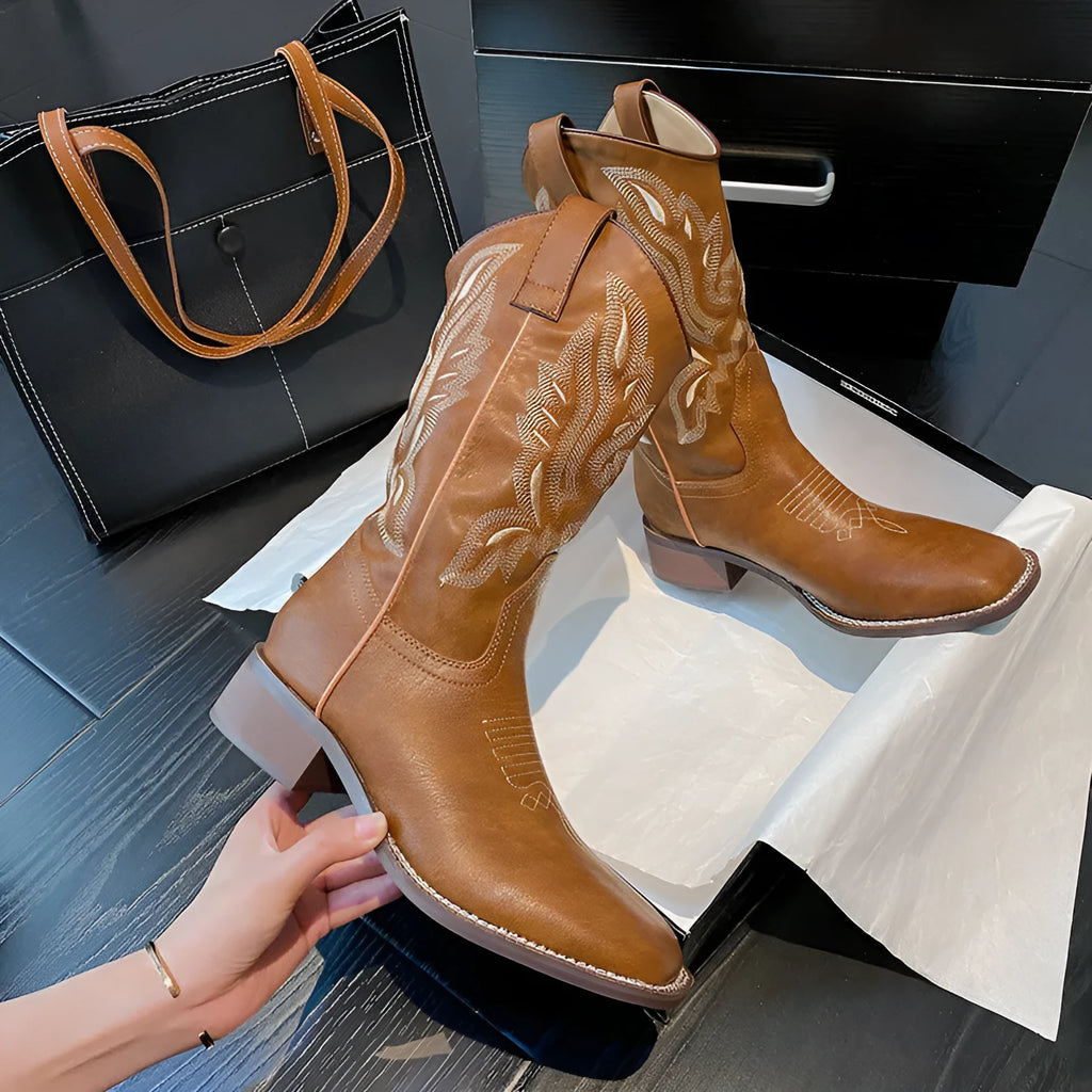 Brown women's embroidered Martin boots with leather lining and round toe