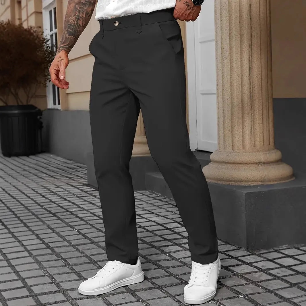 Men's straight leg business casual trousers in solid colours on a hanger.