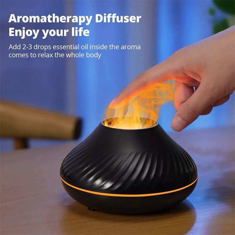 Beige and black USB aroma diffuser lamp with flame effect LED light and mist output