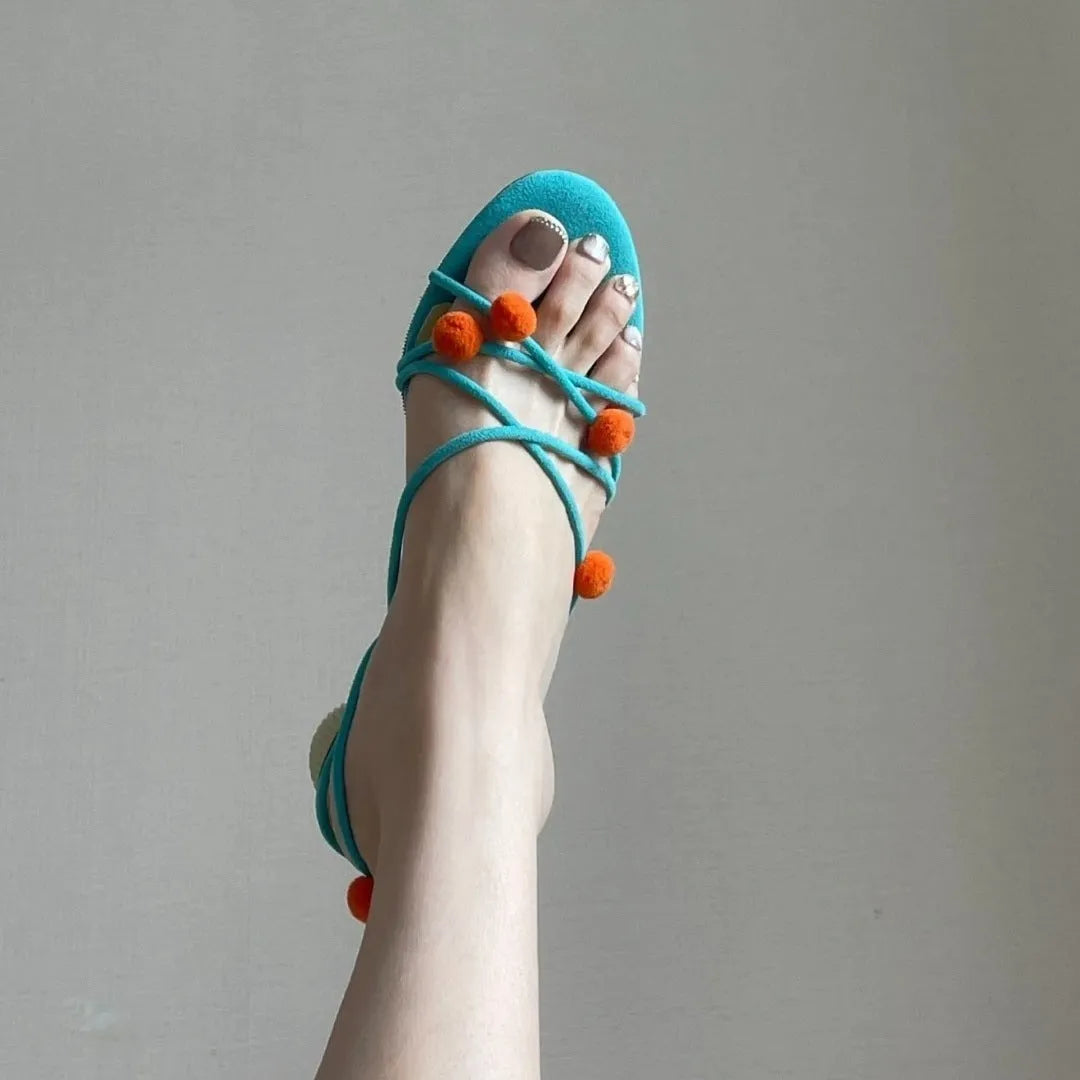 Cyan genuine leather lace-up high-heeled sandals with thin straps and open toe
