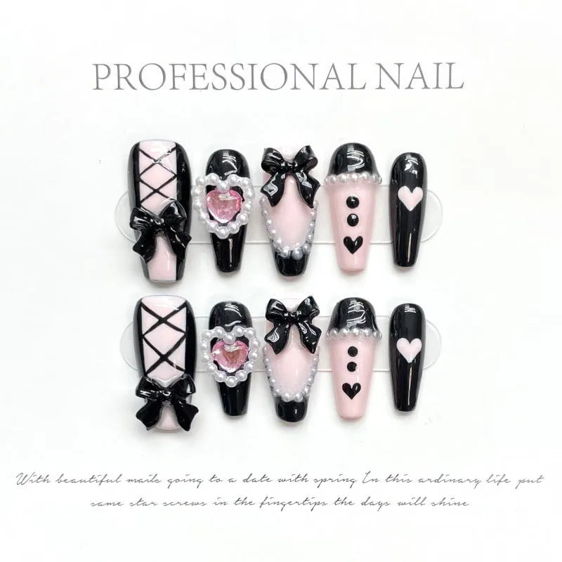 Handmade black and pink peach heart detachable manicure set with plastic storage case in four sizes