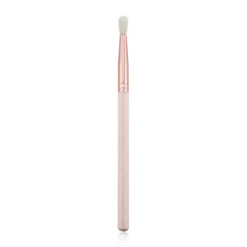 26 pink makeup brushes with wooden handles arranged in PU storage bag