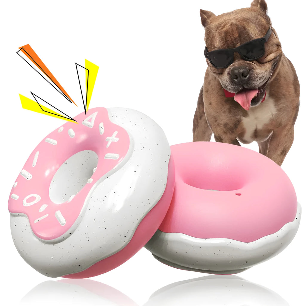 Molar teeth cleaning sound donut dog chew toy in pink, chocolate, and yellow colours