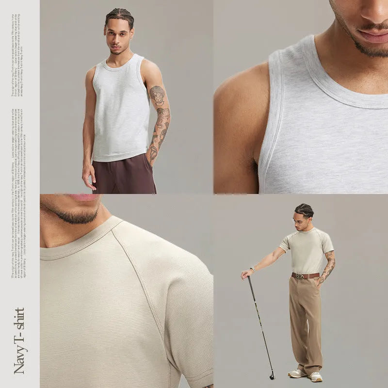 Navy slim-fit t-shirt vest with short sleeves and stretch fabric for casual wear