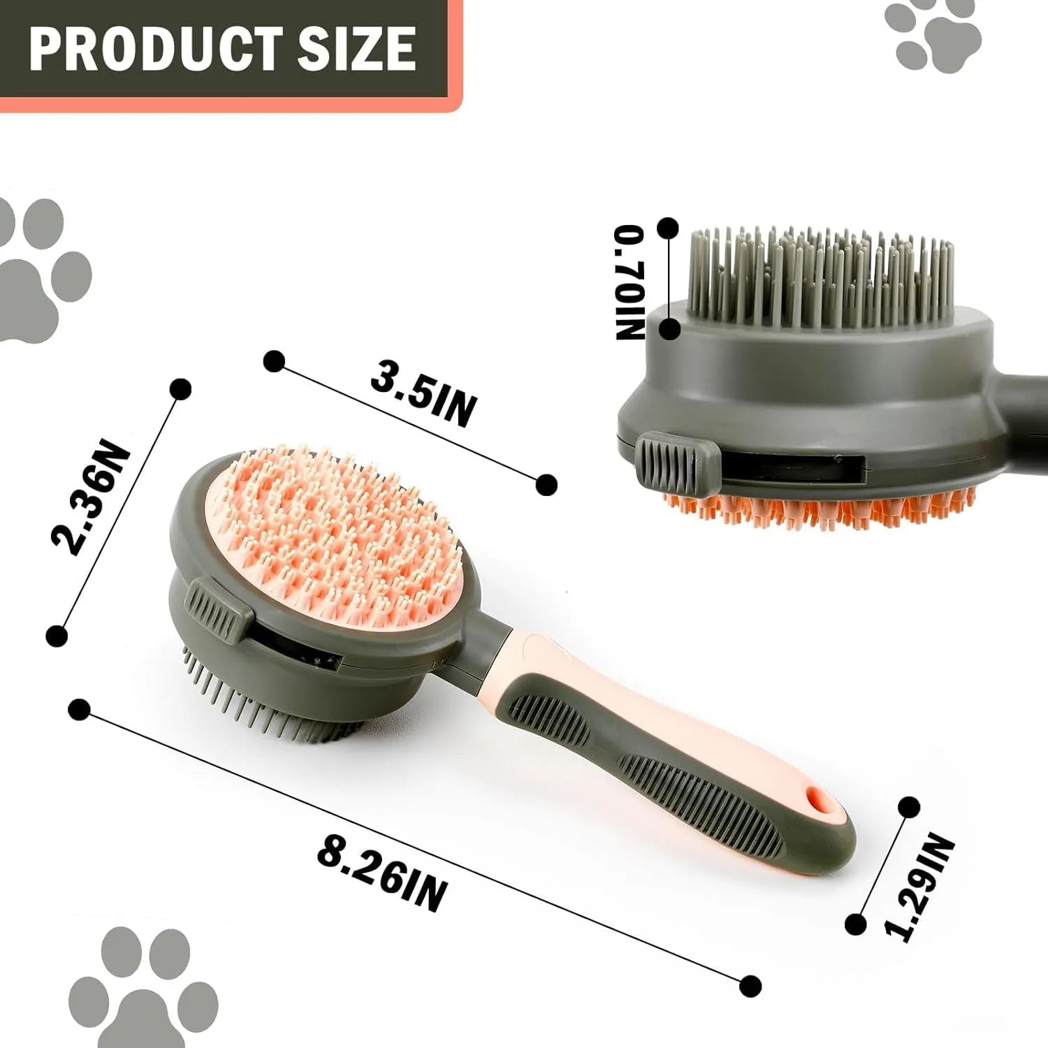 Double-sided pink cat brush with slicker bristles on one side and flea comb on the other, showing hair release button