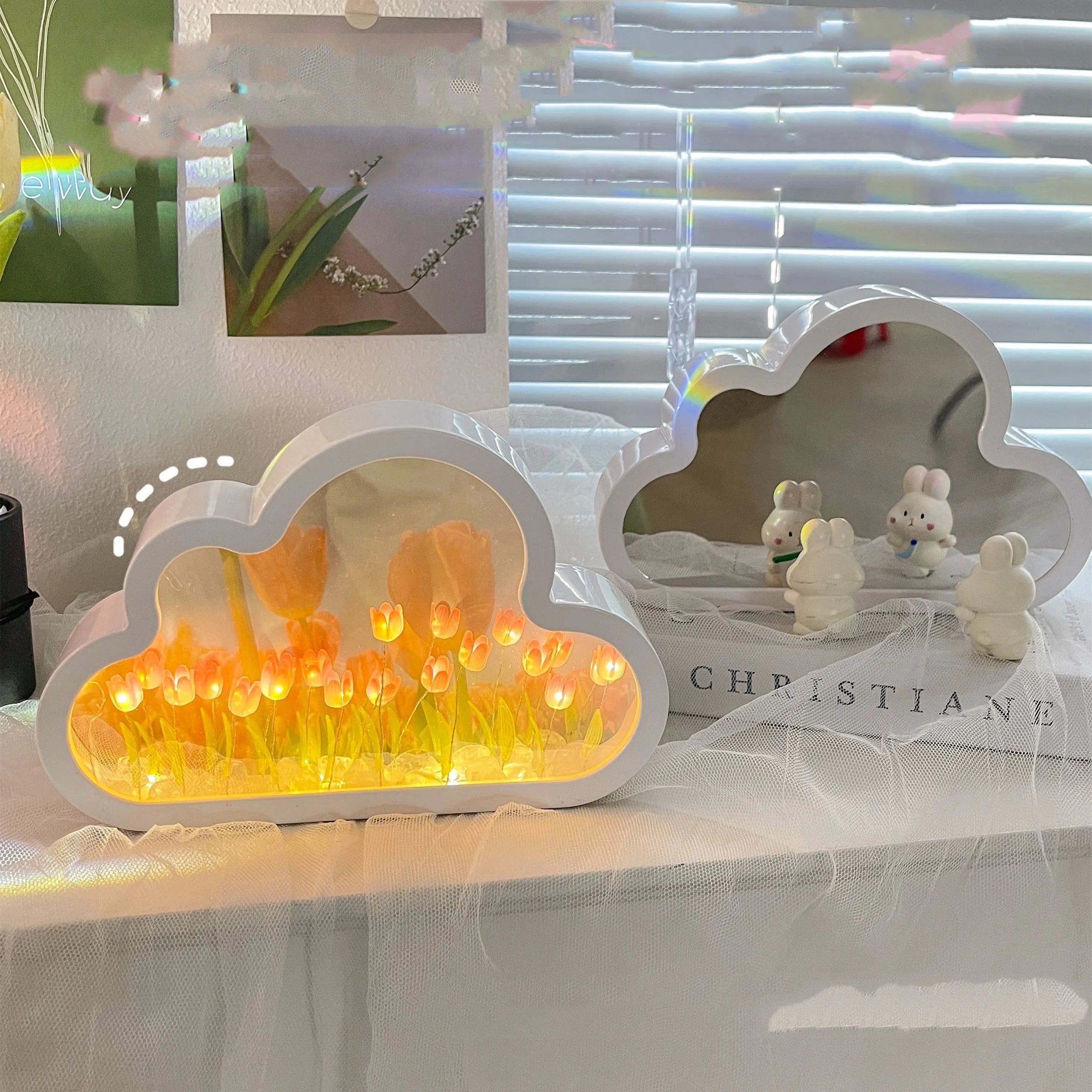 DIY tulip-shaped night lamp with LED light and decorative mirror in multiple colour options