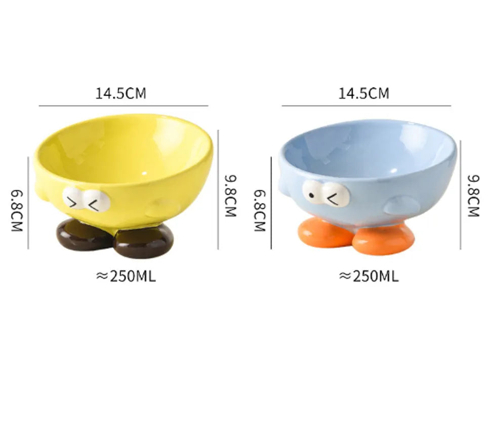 Blue oblique tall ceramic bowl for cat or dog food, designed for cervical spine support.