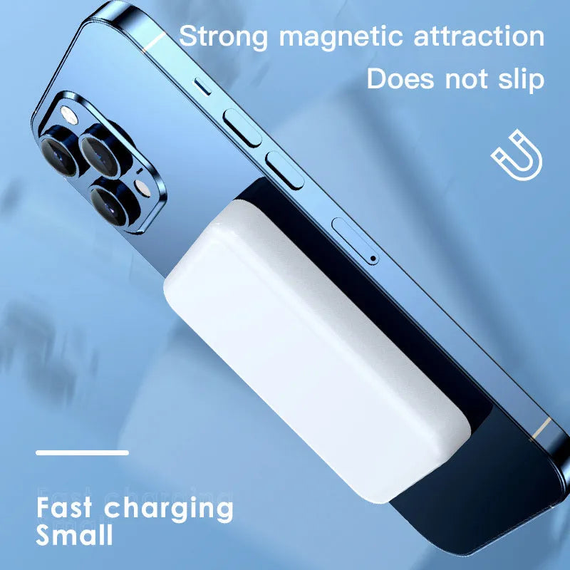 Pink magnetic wireless power bank showing 20000mAh capacity and compact size.