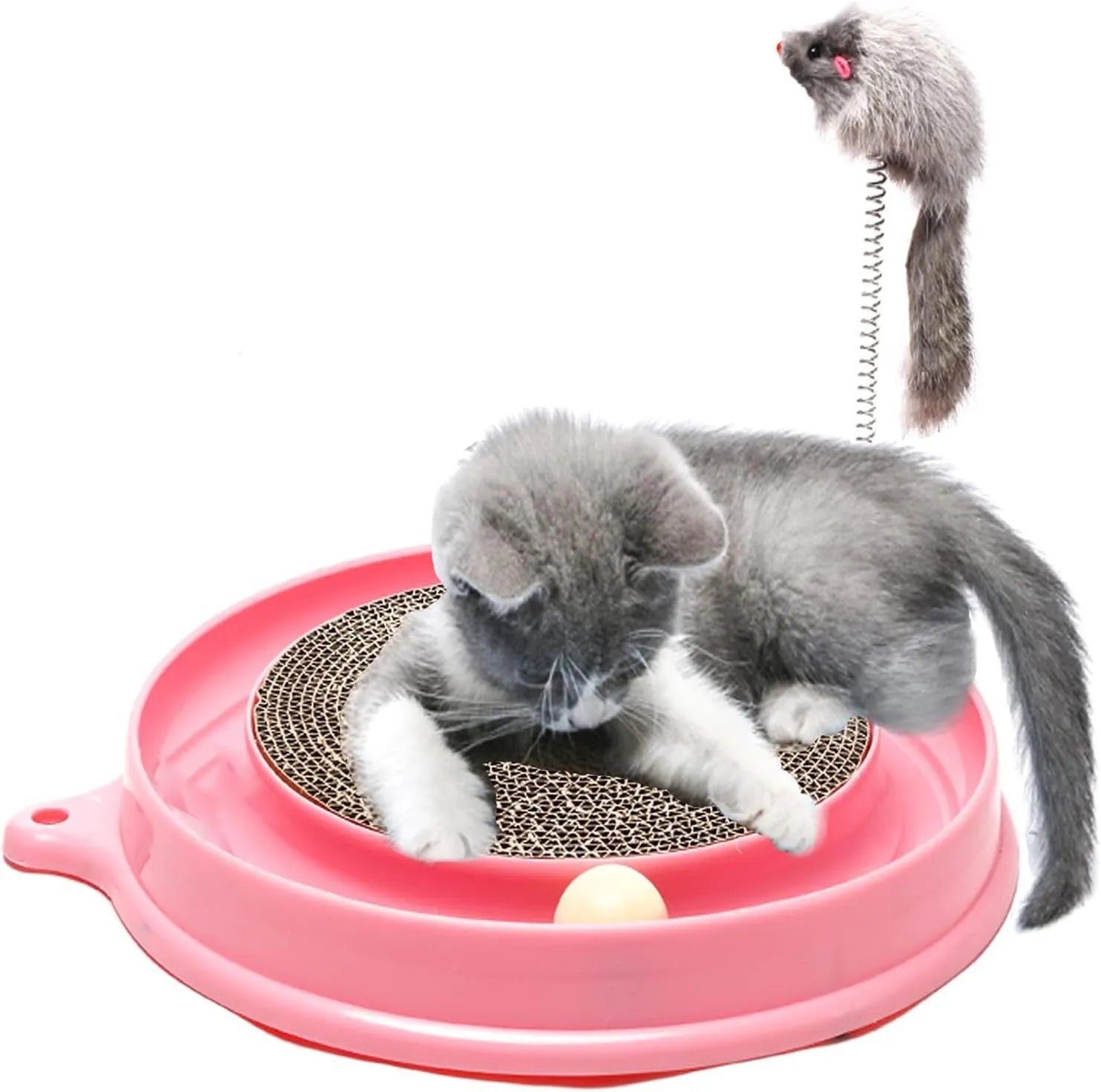 Blue interactive cat scratcher with ball track and replaceable scratch pad measuring 40cm