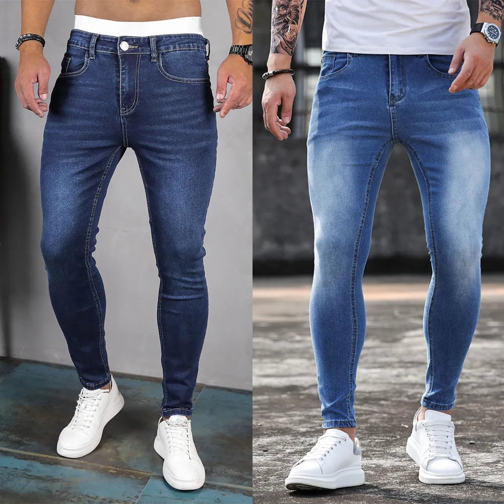 Men's cotton stretch skinny jeans in dark blue, front view