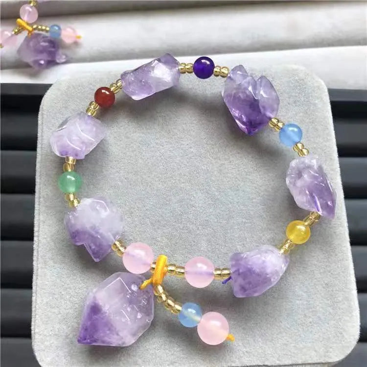 Natural shaped amethyst bead bracelet with traditional fu character charm for women