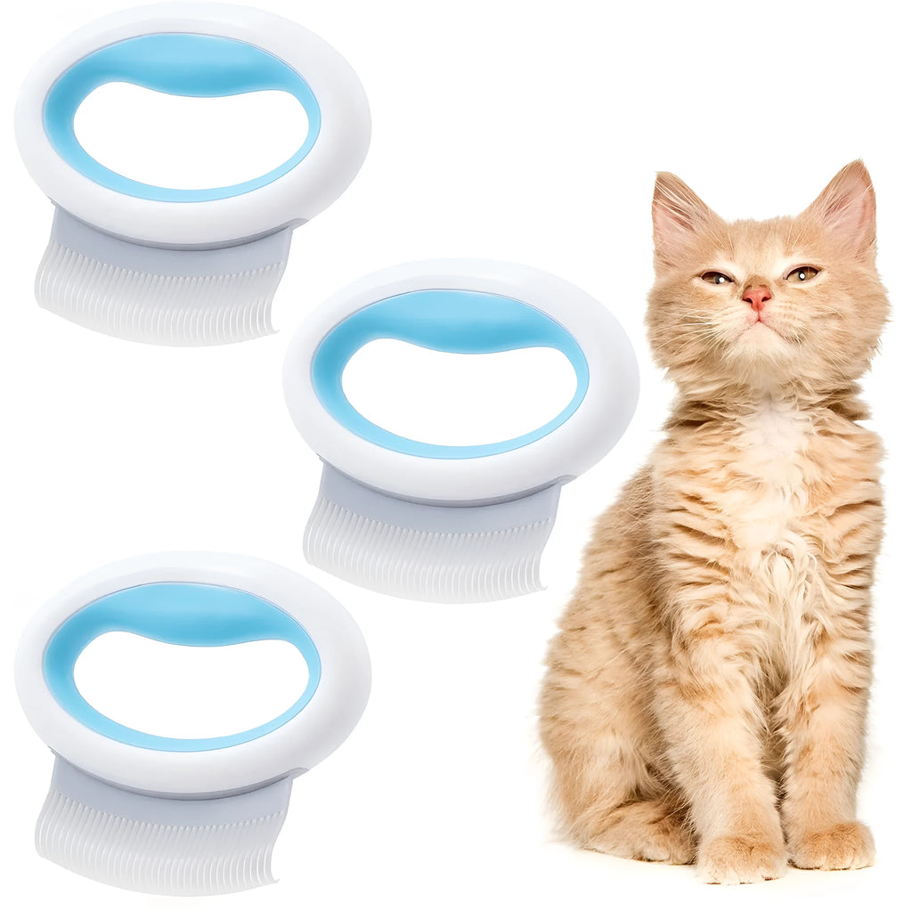 Blue pet grooming comb with soft teeth and an ergonomic plastic handle on a white background.