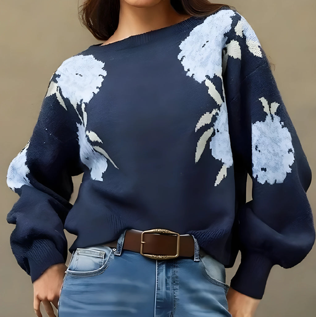 Sapphire Blue women's pullover with flower jacquard pattern, loose casual style with regular sleeves