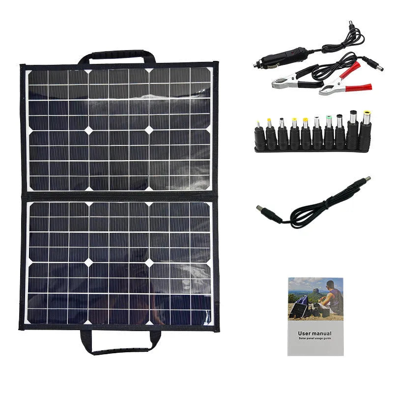 Black 40W solar folding bag charger showing folded dimensions and single crystal panel technology