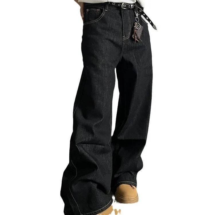 Retro black wide-leg jeans with straight-leg cut and mid waist design