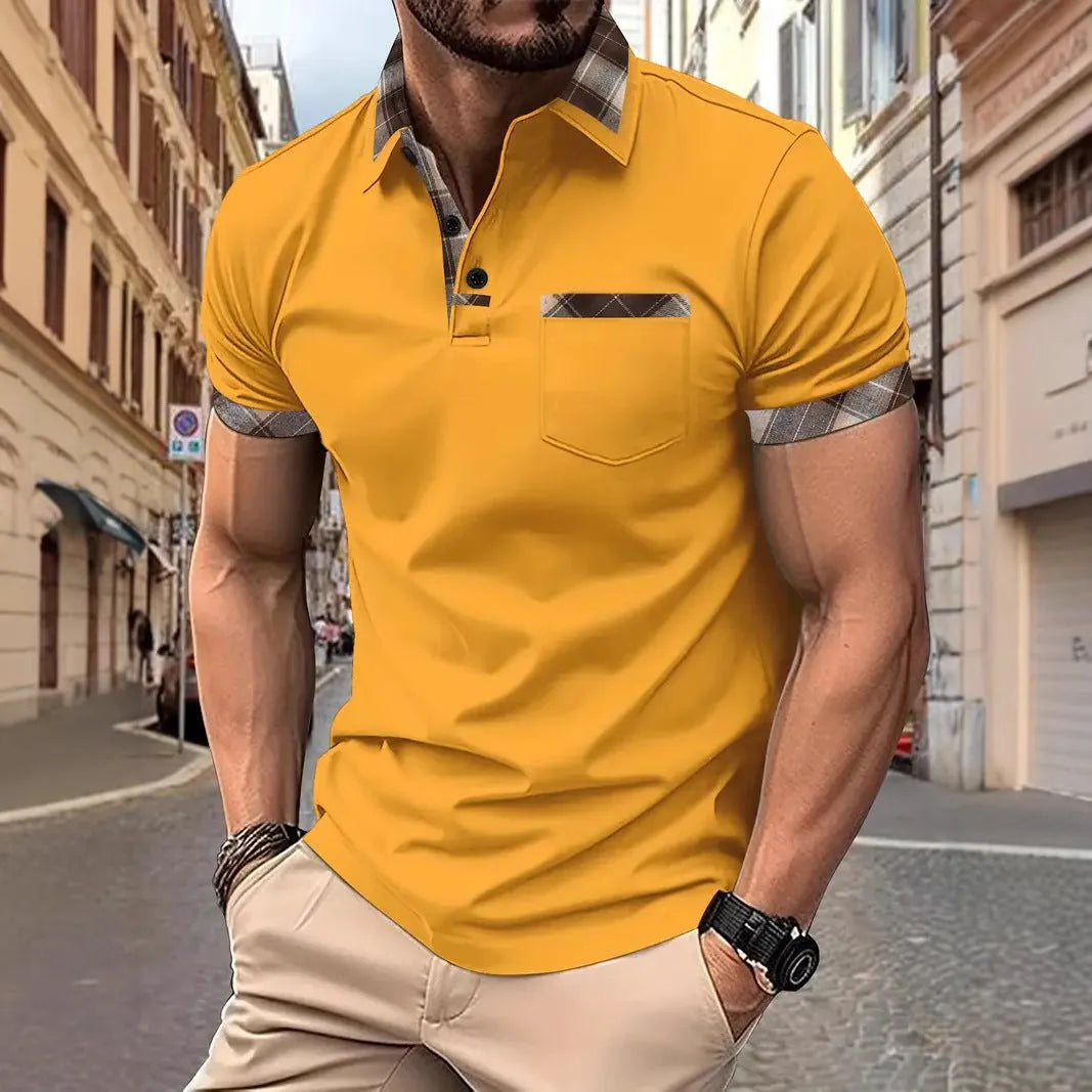 Man modelling a loose-fit plaid colourblock t-shirt with short sleeves and zipper details.