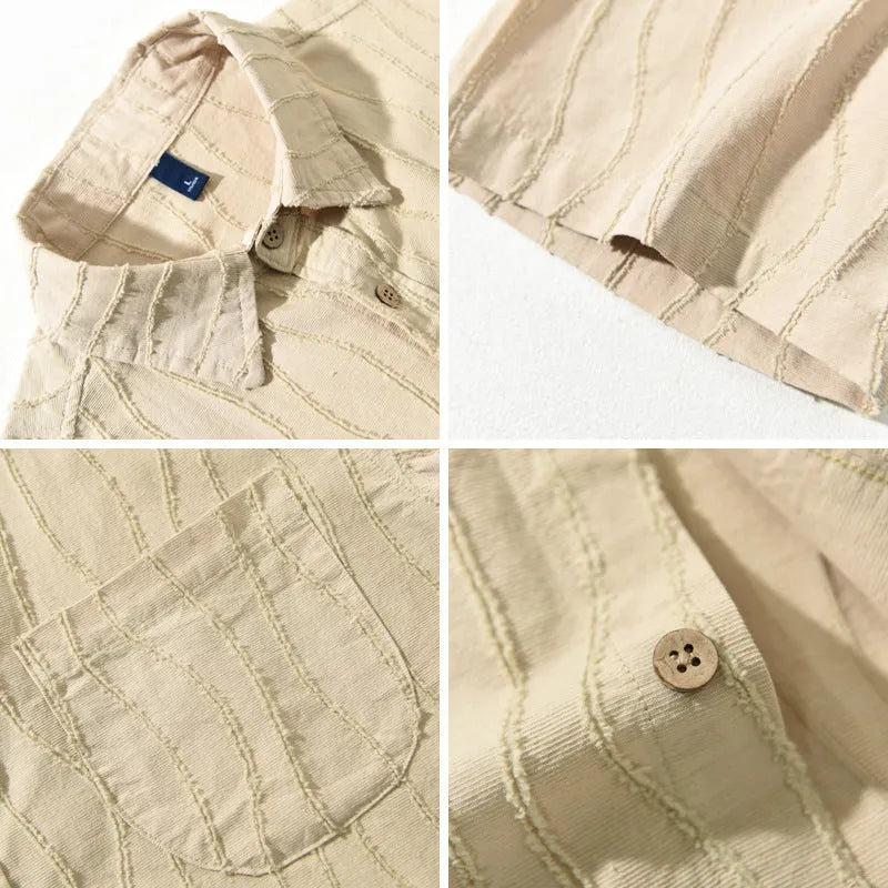 Men's apricot pure cotton casual shirt with short sleeves on a hanger