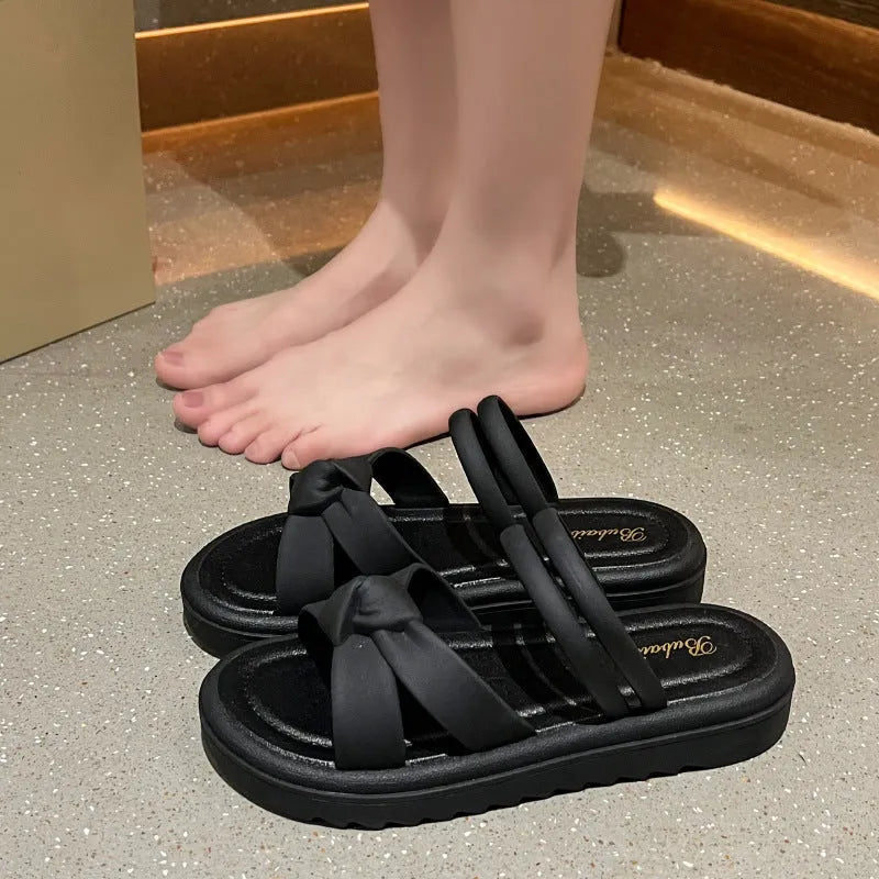 Women's black and white sandals with thick back support and two-way wear design for outdoor leisure