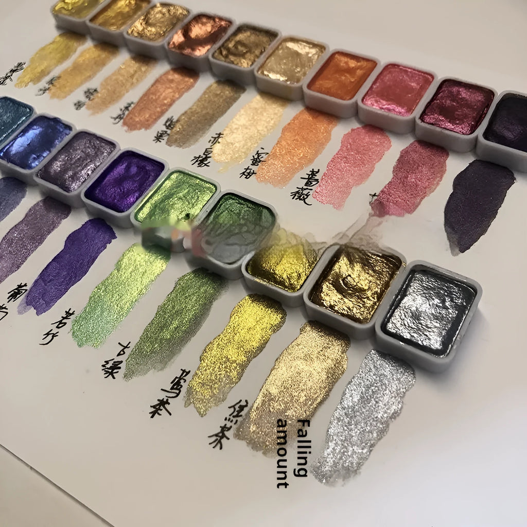 Traditional Chinese painting mineral pearlescent watercolour set showing tubes of warm colours, cold colours, and metallic red and white gold pigments.