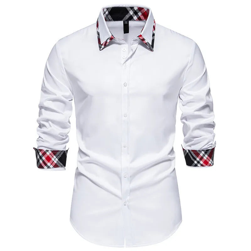 Man wearing a blue plaid contrast triangle collar long sleeve casual shirt.