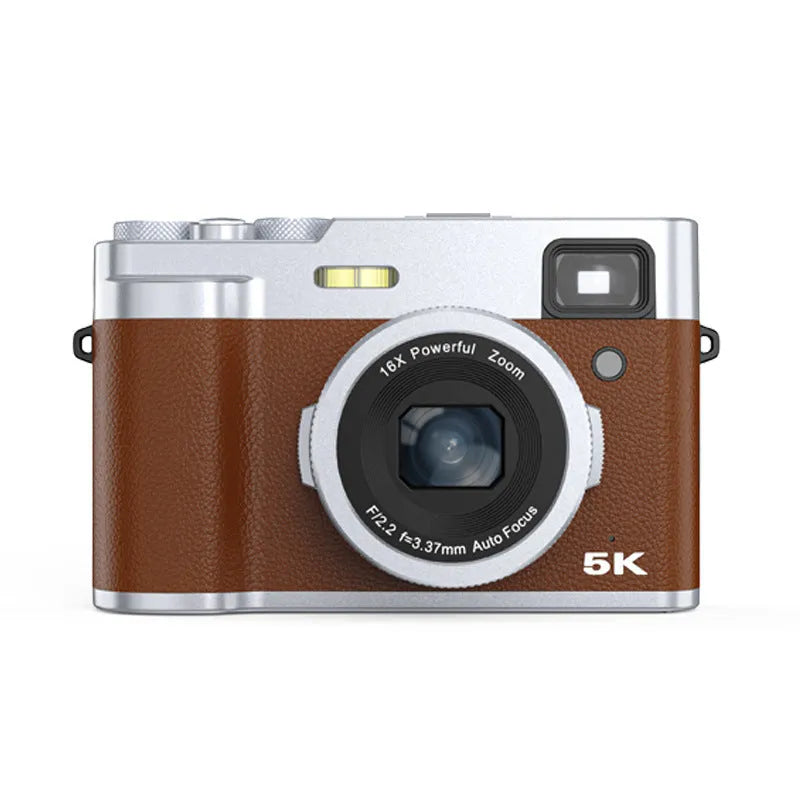 Black 5K HD digital camera with dual lenses and an optical viewfinder on a camera strap.