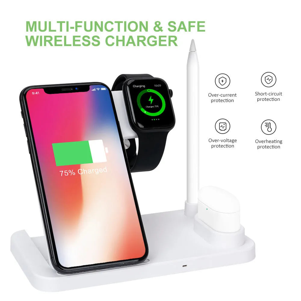 Folding 4-in-1 wireless charger in stand mode charging an iPhone and Apple Pencil.