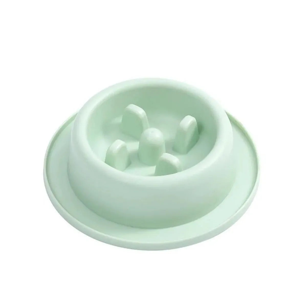 Blue pet slow feeder bowl with maze pattern and non-slip base on a kitchen floor