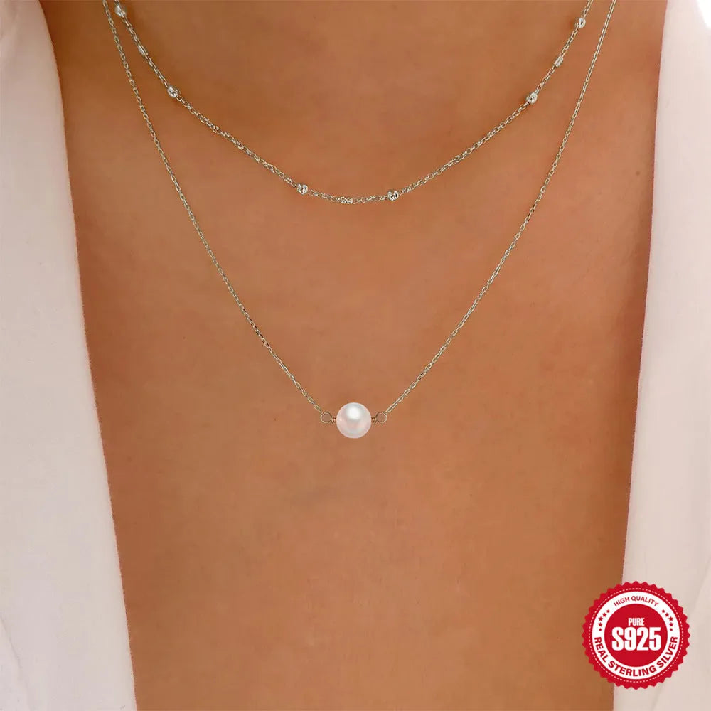 Sterling silver double layer necklace with twin pearls on ball bead chain in gold or white gold plating