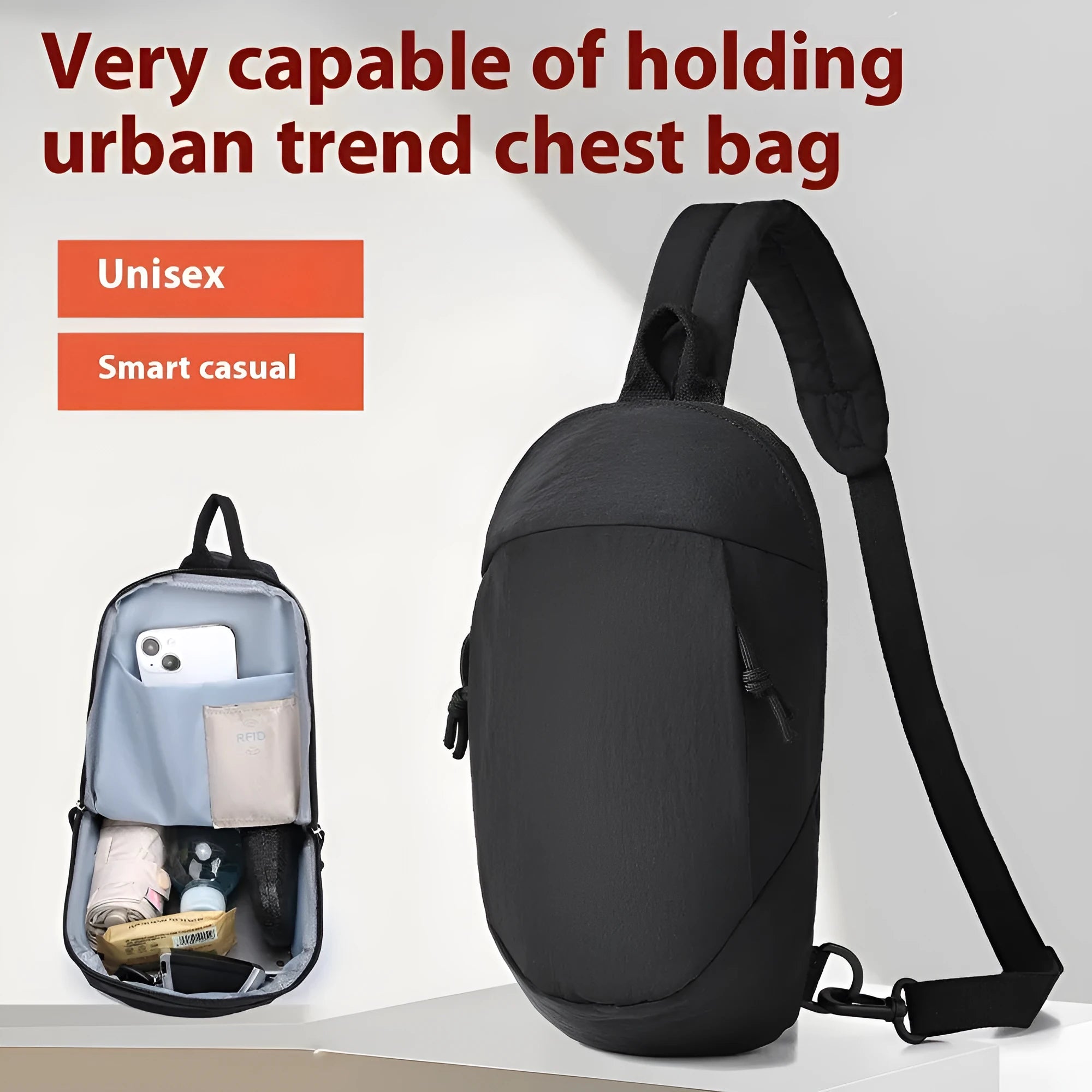 Outdoor nylon crossbody chest bag for girls in six colours, showing internal mobile phone pocket.