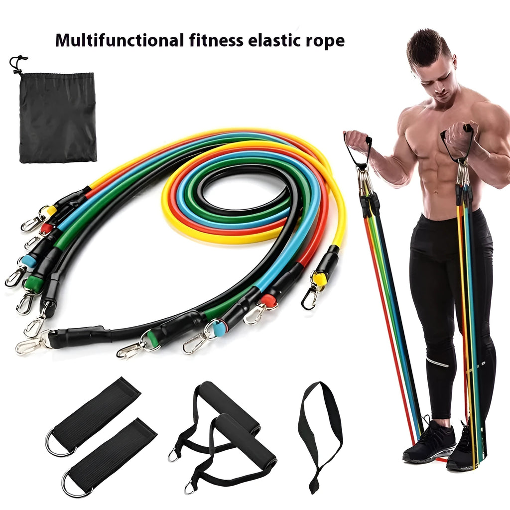Black ABS door pull-up bar kit with adjustable rope and multiple hooks laid out for home gym setup.