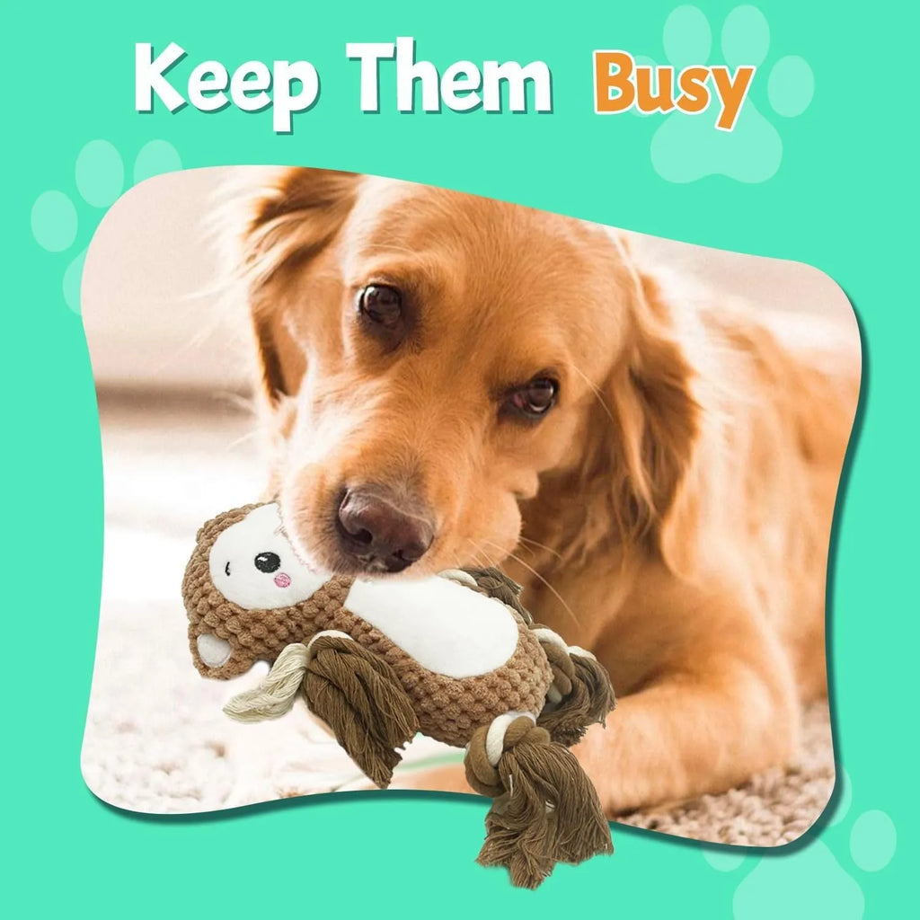 Two stuffed plush dog toys, a lion and a monkey, both featuring squeakers for interactive play.