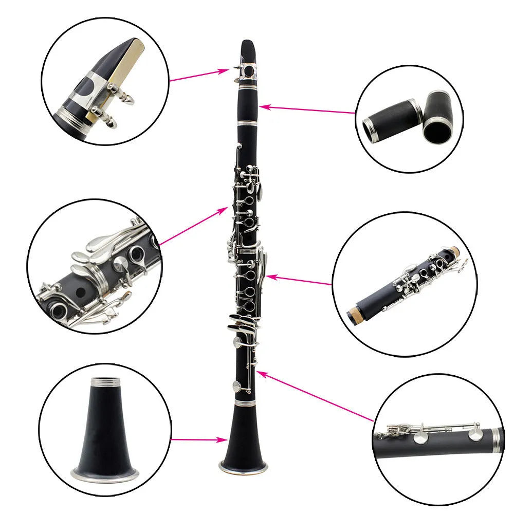 Black bakelite beginner clarinet with nickel-plated keys and included carrying case