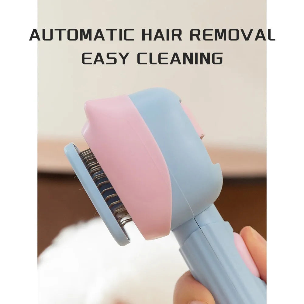 Blue and green dual-sided pet grooming brush with a deshedding rake and dematting comb.