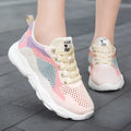 Casual colourblock lace-up sneakers for women with blue mesh upper, round toe, and white sole on a light background