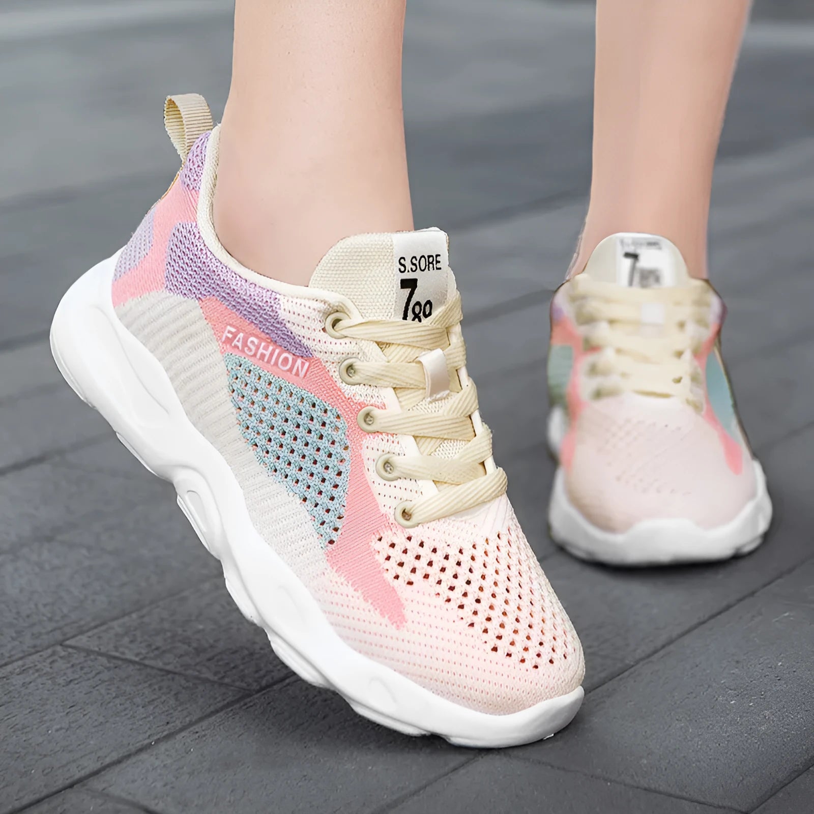 Casual colourblock lace-up sneakers for women with blue mesh upper, round toe, and white sole on a light background