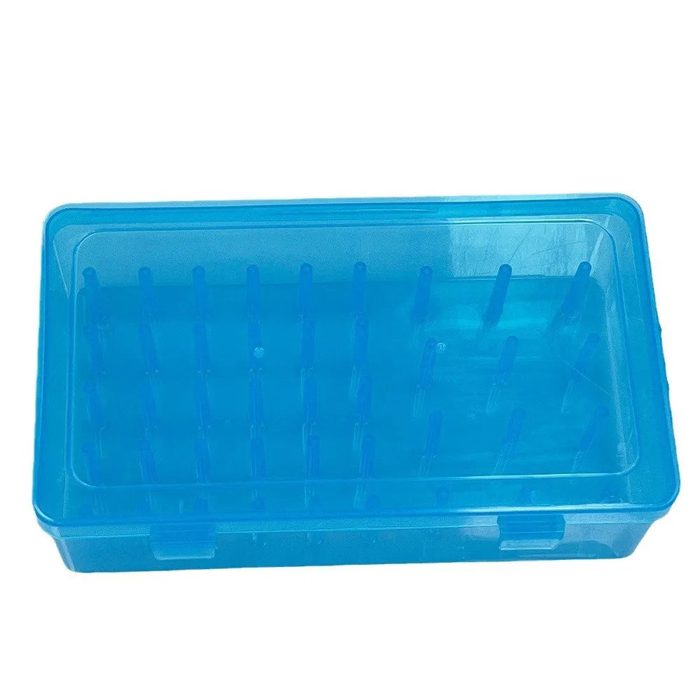 Plastic sewing storage box with 42 compartments for threads, in transparent, pink, or blue.