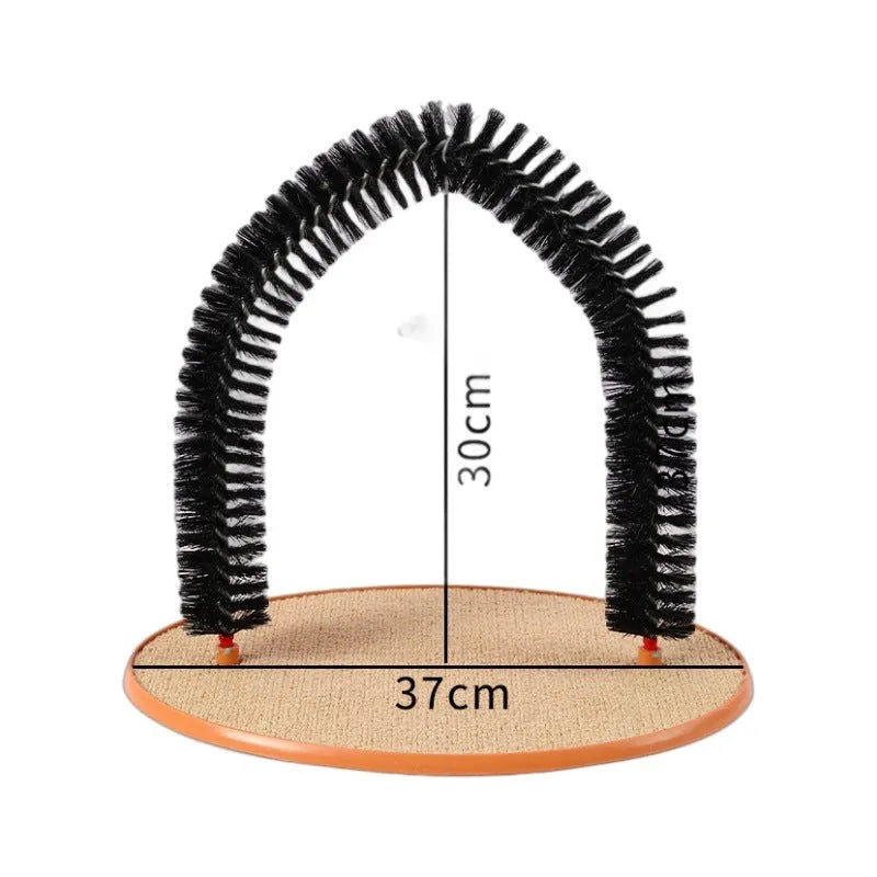 Black arch-shaped cat grooming brush with scratching surfaces and attached plush mouse toy on non-slip base