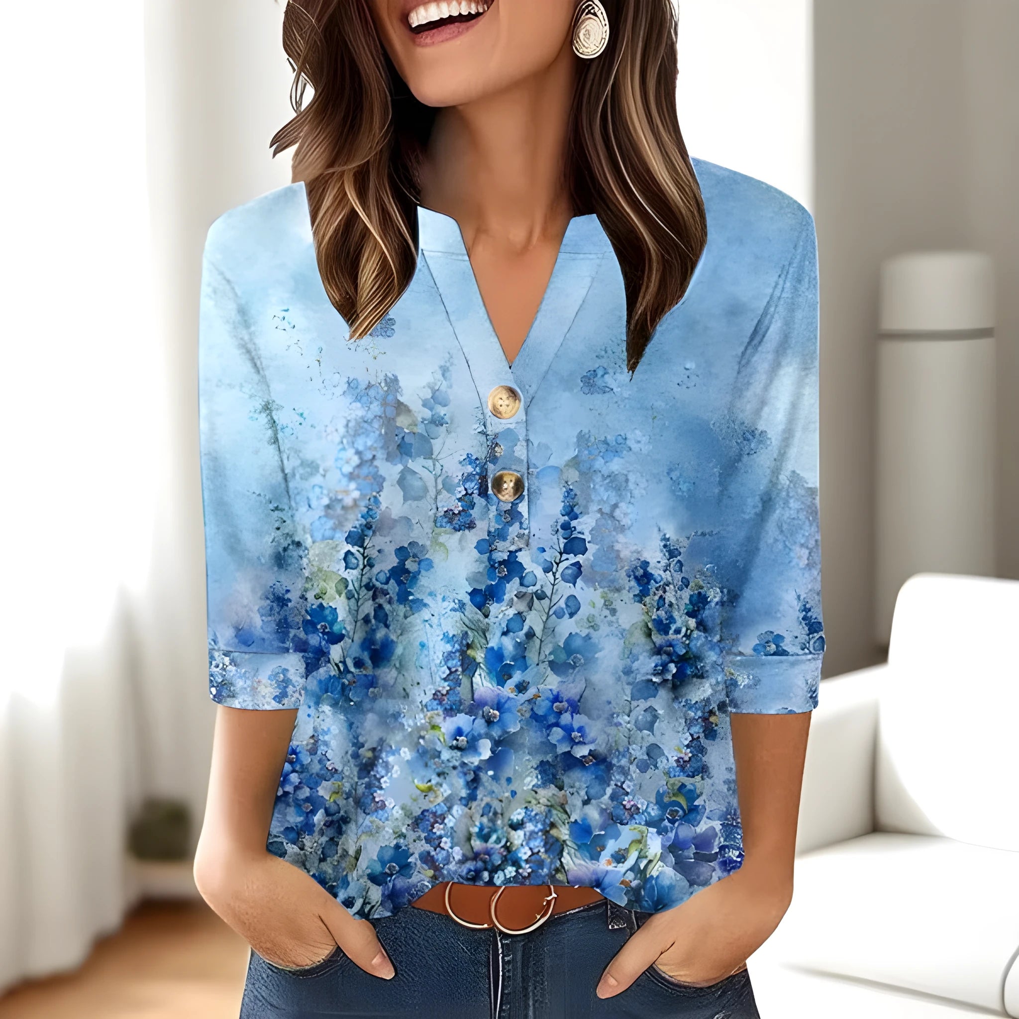 Women's loose-fit V-neck top with a 3D pattern, shown in one of its available colours.