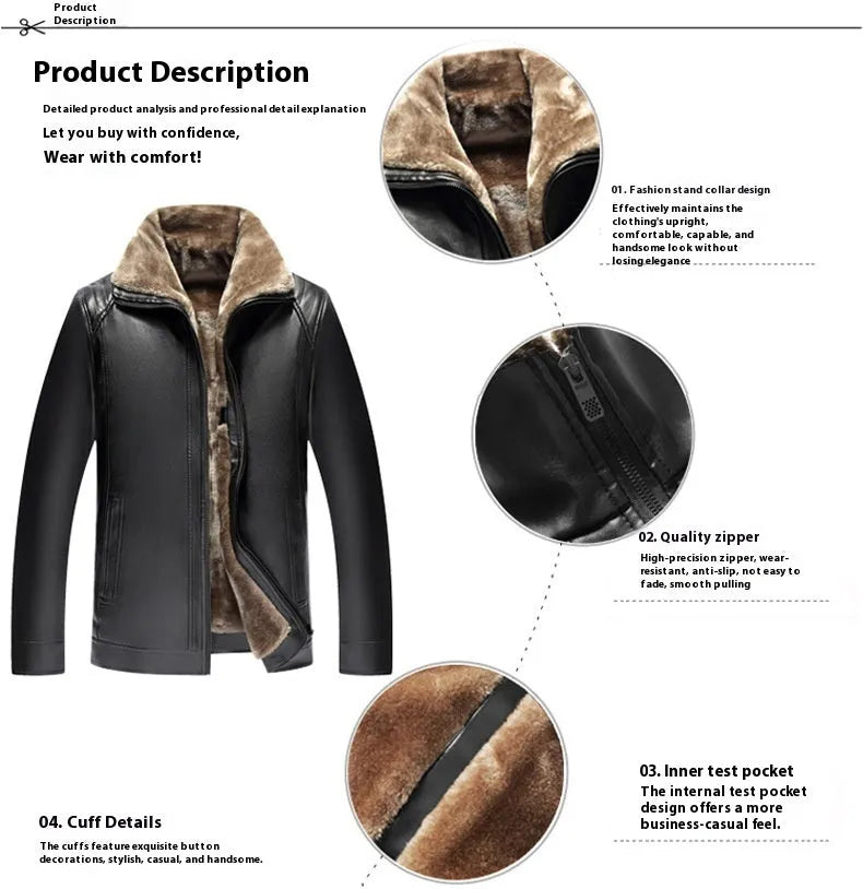Men's one-piece artificial leather coat with velvet lining, black colour, straight hem design