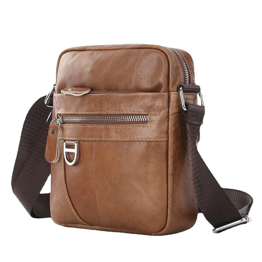 Brown retro style crossbody leather messenger bag shown from the front.