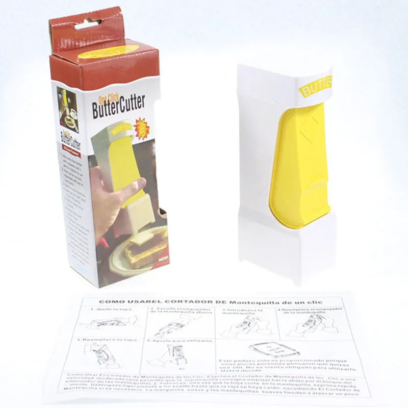 Yellow butter cutter slicer for 4.75 inch sticks with stainless steel blades and one-button dispenser