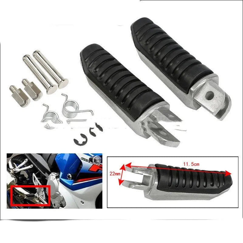 Black aluminium alloy motorcycle foot pegs for Suzuki Hayabusa and V-Strom models.