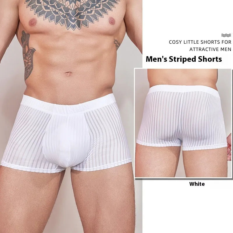 Men's striped transparent boxer briefs in black, white, and dark grey on a plain background.