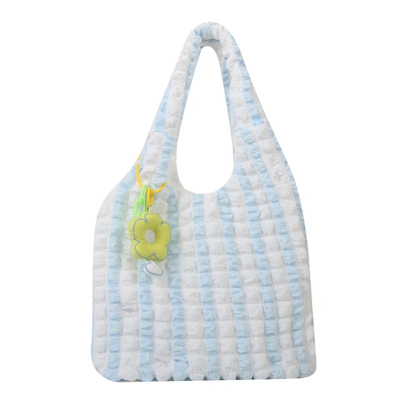 Women's soft pleated bubble shoulder bag in square vertical design with detachable pendant charm