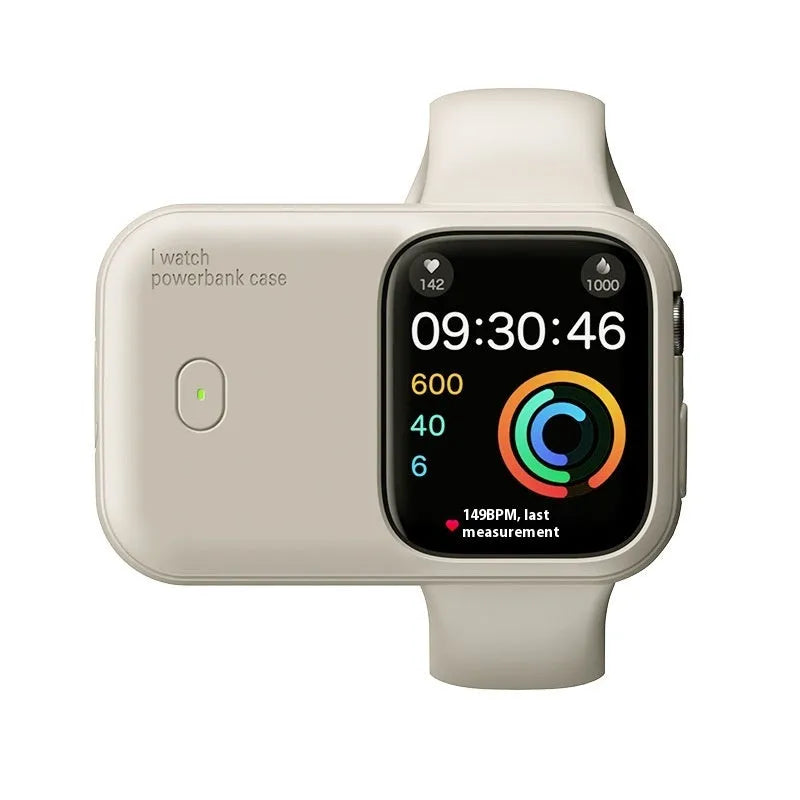 Apple Watch portable wireless power bank charging case with silicone sleeve in brown colour.