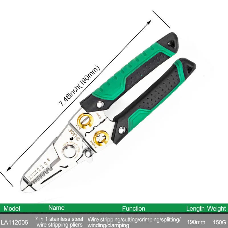 Stainless steel wire stripper tool with seven labelled stripping ports and two-colour handle