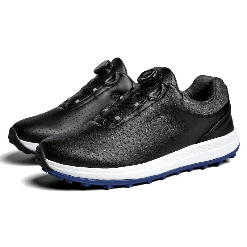Men's low top white golf sneakers with breathable holes and a broken nail pattern sole.