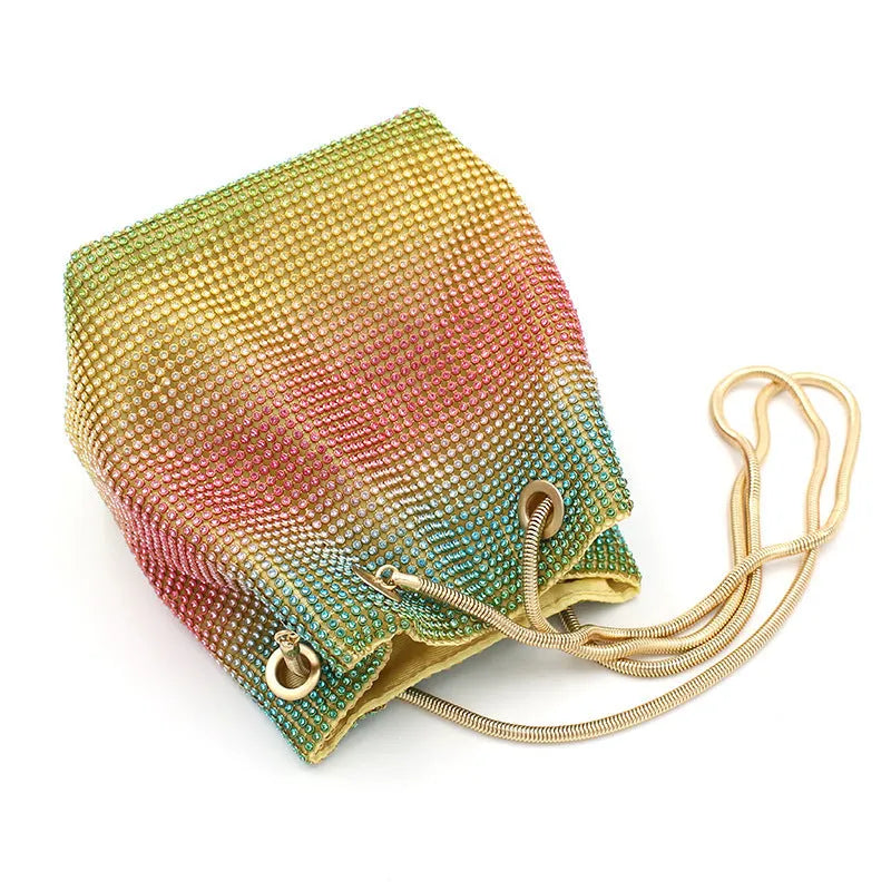 Rainbow rhinestone bucket bag with sparkling fabric and casual shoulder strap