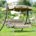 Outdoor three-person alloy steel rocking swing with Teslin mesh backrest and anti-slip feet in rustic colour
