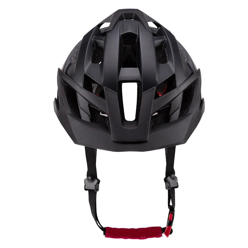 MQ-93 outdoor mountain bike helmet with PC shell, 21 ventilation holes, and removable brim, black and red colour